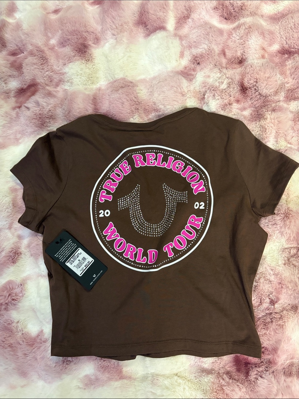 NWT True Religion Bling Brown Short-Sleeve Tee with Pink Logo